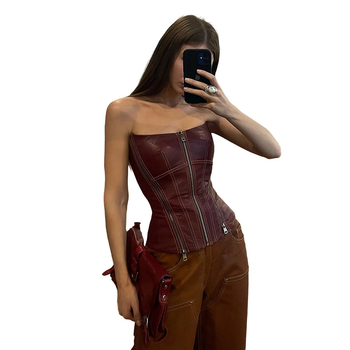 PU kožený top bez ramienok, bez chrbta, so zipsom, úzky strih