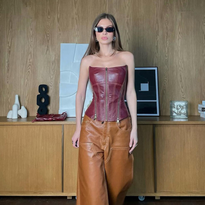 PU kožený top bez ramienok, bez chrbta, so zipsom, úzky strih