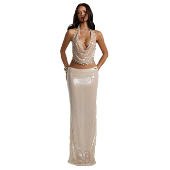 Bez chrbta flitrový halter top, polyester, krátky strih, mestský štýl, jar 2025