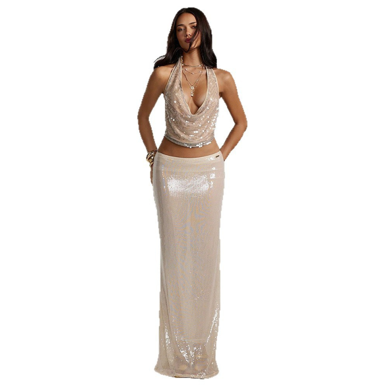 Bez chrbta flitrový halter top, polyester, krátky strih, mestský štýl, jar 2025