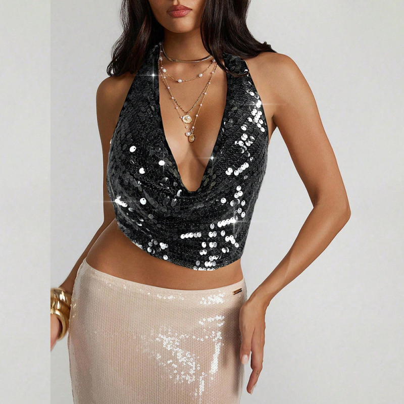 Bez chrbta flitrový halter top, polyester, krátky strih, mestský štýl, jar 2025