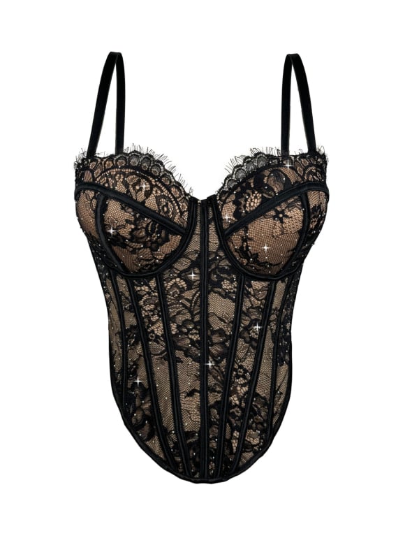 Top din dantelă cu corset, croială Slim, lungime foarte scurtă ≤40 cm, imprimeu cu flori rupte, poliester/spandex