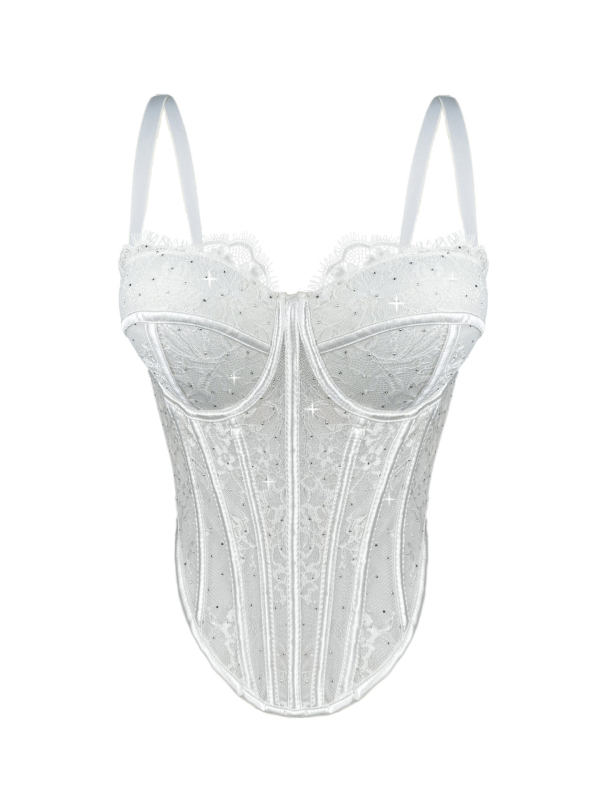 Top din dantelă cu corset, croială Slim, lungime foarte scurtă ≤40 cm, imprimeu cu flori rupte, poliester/spandex