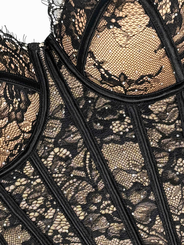 Top din dantelă cu corset, croială Slim, lungime foarte scurtă ≤40 cm, imprimeu cu flori rupte, poliester/spandex