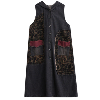 Džins veste s kapuljom, srednje duljine, ležerni kroj, retro cvjetni uzorak