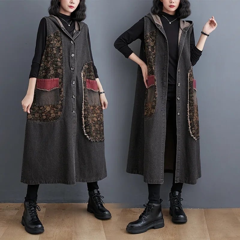 Džins veste s kapuljom, srednje duljine, ležerni kroj, retro cvjetni uzorak
