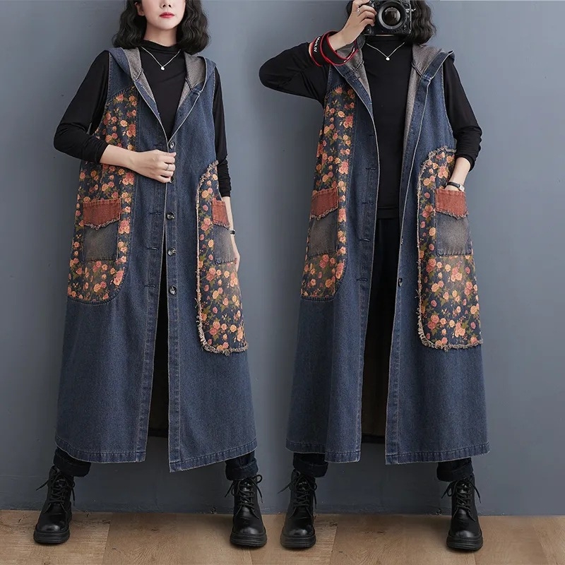 Džins veste s kapuljom, srednje duljine, ležerni kroj, retro cvjetni uzorak