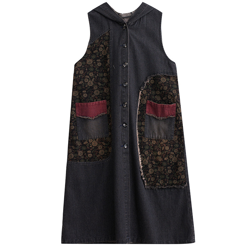 Džins veste s kapuljom, srednje duljine, ležerni kroj, retro cvjetni uzorak