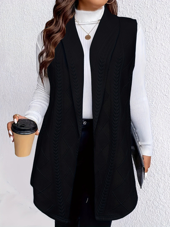 Ženska bezrukavna veste – uski kroj, bez ovratnika, jednobojni poliester s elastanom, duljina 80–100 cm, elegantan uredski stil, proljeće 2025