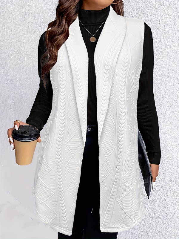 Ženska bezrukavna veste – uski kroj, bez ovratnika, jednobojni poliester s elastanom, duljina 80–100 cm, elegantan uredski stil, proljeće 2025