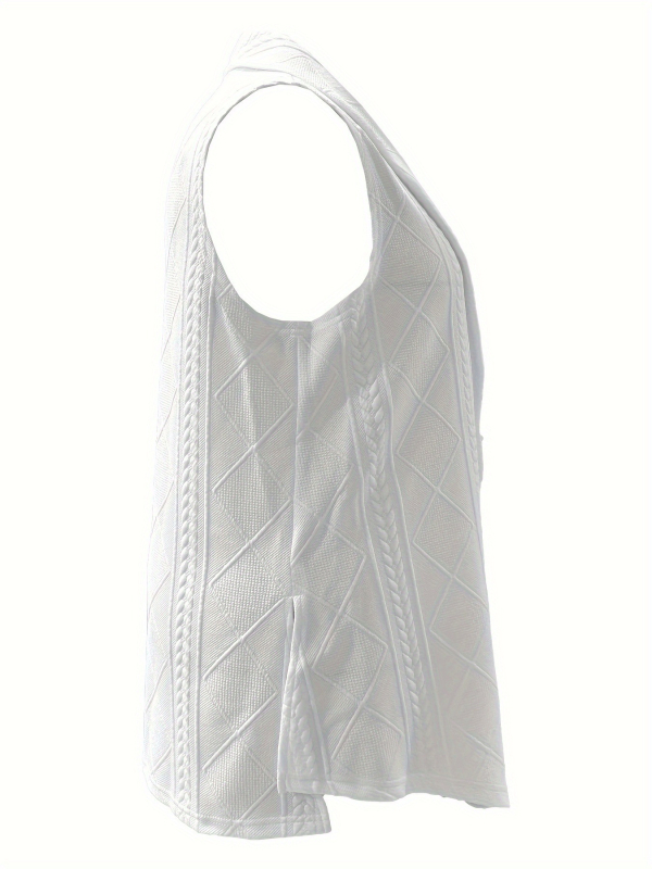 Ženska bezrukavna veste – uski kroj, bez ovratnika, jednobojni poliester s elastanom, duljina 80–100 cm, elegantan uredski stil, proljeće 2025