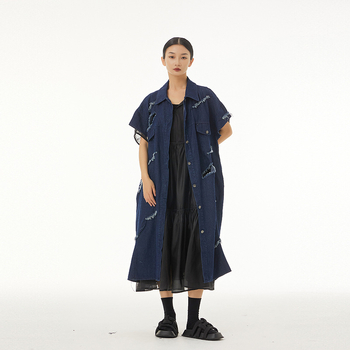 Duga denim bezrukavna vesta s prugama, ležerni kroj, korejski stil, proljeće 2025