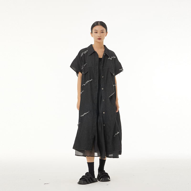 Duga denim bezrukavna vesta s prugama, ležerni kroj, korejski stil, proljeće 2025