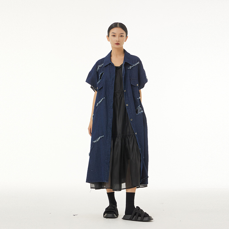 Duga denim bezrukavna vesta s prugama, ležerni kroj, korejski stil, proljeće 2025