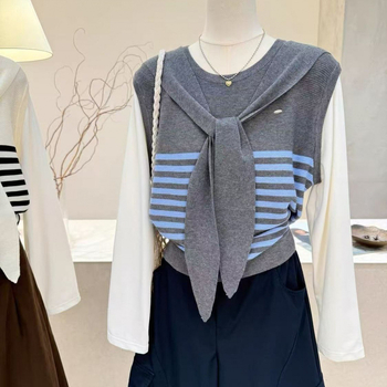 Prugasti chenille pleteni top s okruglim izrezom, vitka silueta, spandex (<30%), ležerni stil