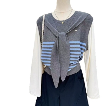 Prugasti chenille pleteni top s okruglim izrezom, vitka silueta, spandex (<30%), ležerni stil