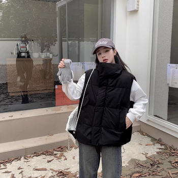 Ženski široki bezrukavni vest s stojećim ovratnikom, jednodobojan, zatvara se zipom, poliester tkanina s poliester-pamuk punilom, zimska 2023