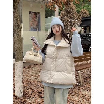 Ženski široki bezrukavni vest s stojećim ovratnikom, jednodobojan, zatvara se zipom, poliester tkanina s poliester-pamuk punilom, zimska 2023