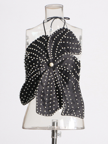 Tube top s Halter vratom, 3D cvijet s perlicama i perlama, poliester s pamukom, jesen 2025, street hipster stil