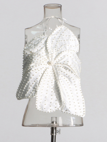 Tube top s Halter vratom, 3D cvijet s perlicama i perlama, poliester s pamukom, jesen 2025, street hipster stil
