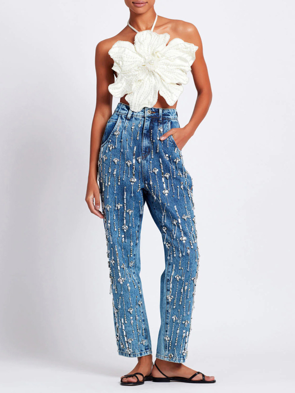Tube top s Halter vratom, 3D cvijet s perlicama i perlama, poliester s pamukom, jesen 2025, street hipster stil