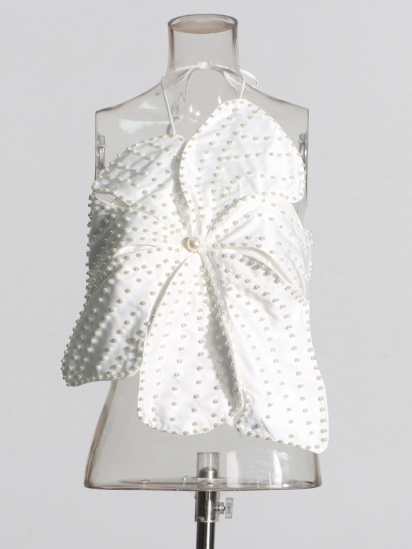 Tube top s Halter vratom, 3D cvijet s perlicama i perlama, poliester s pamukom, jesen 2025, street hipster stil