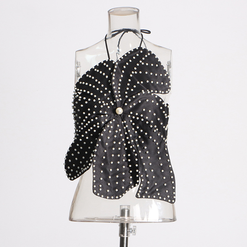 Tube top s Halter vratom, 3D cvijet s perlicama i perlama, poliester s pamukom, jesen 2025, street hipster stil