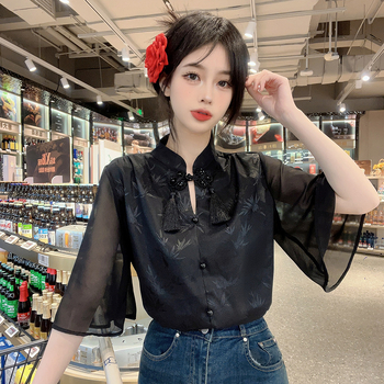 Bluza | Off-Shoulder, ženski stil zrelosti | Chenille-spandex tkanina, jednobojna | Rukav: Five-Point Sleeve, stoje ovratnik, kratka duljina (40–50 cm), kopčanje u jednom redu
