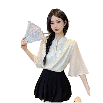 Bluza | Off-Shoulder, ženski stil zrelosti | Chenille-spandex tkanina, jednobojna | Rukav: Five-Point Sleeve, stoje ovratnik, kratka duljina (40–50 cm), kopčanje u jednom redu