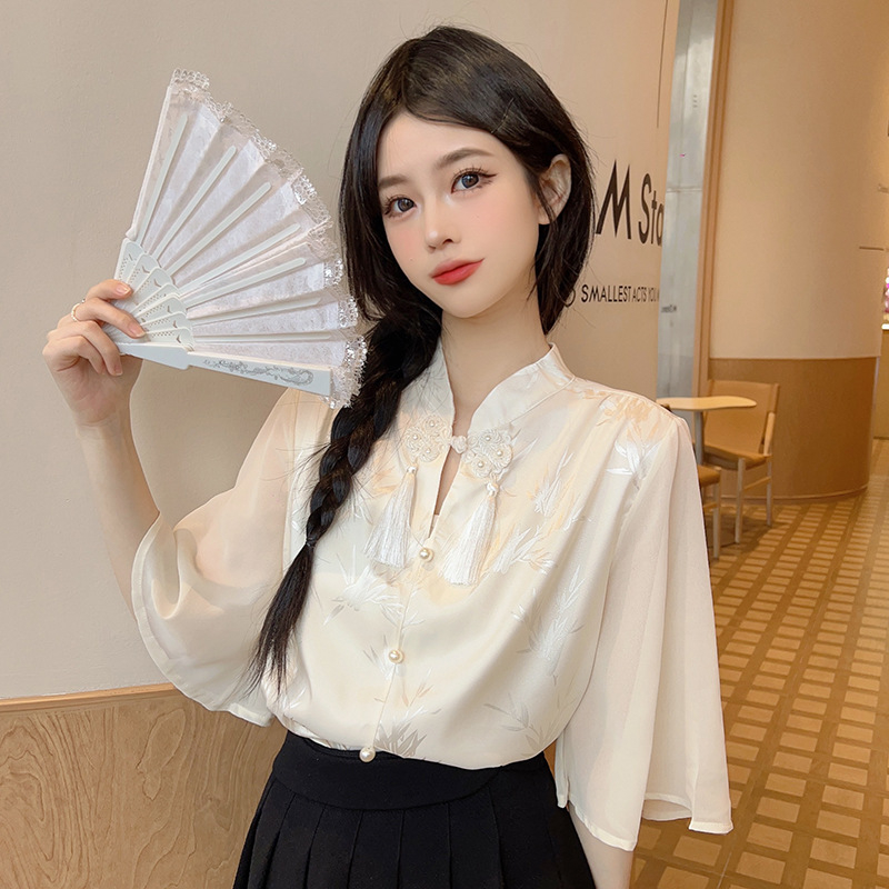 Bluza | Off-Shoulder, ženski stil zrelosti | Chenille-spandex tkanina, jednobojna | Rukav: Five-Point Sleeve, stoje ovratnik, kratka duljina (40–50 cm), kopčanje u jednom redu