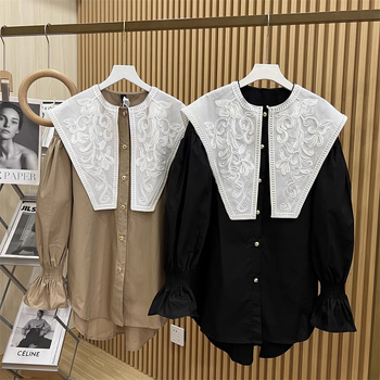 Риза топ, акрилна материя, дълги ръкави с лист лотос, яка с лист лотос, пролет 2024, улична мода