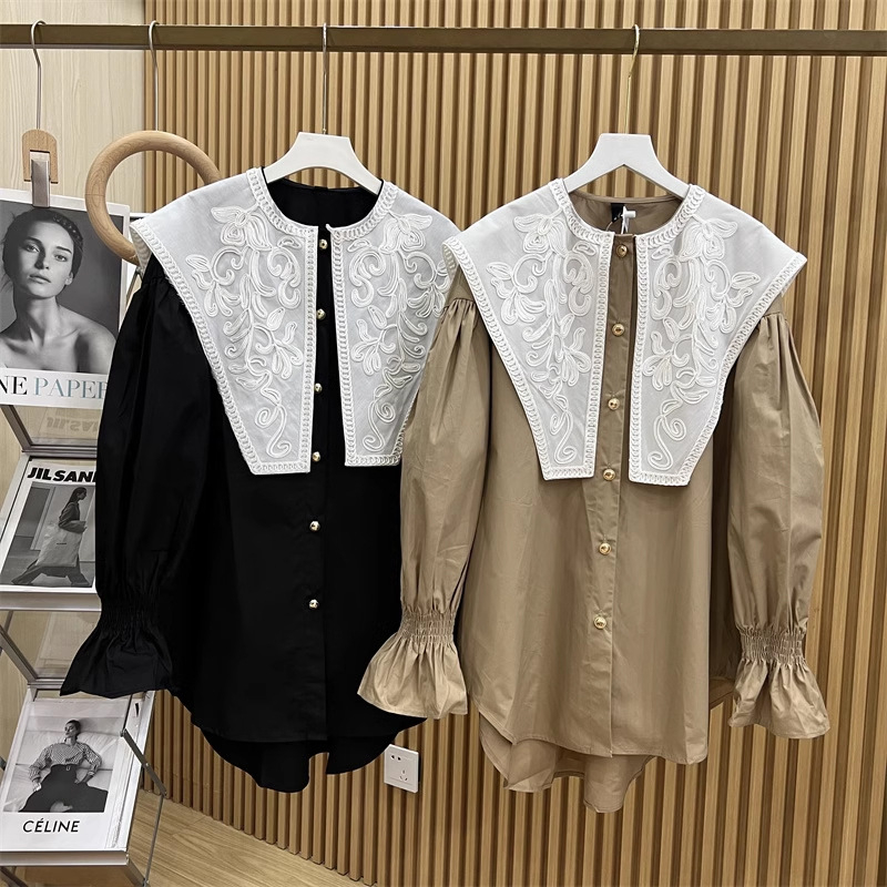 Риза топ, акрилна материя, дълги ръкави с лист лотос, яка с лист лотос, пролет 2024, улична мода