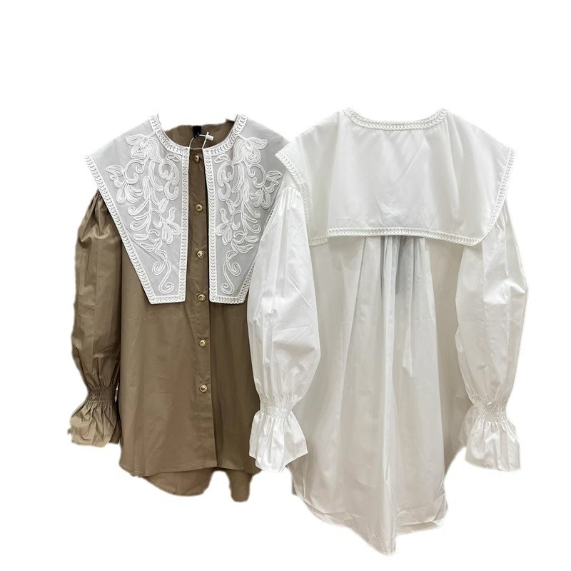 Риза топ, акрилна материя, дълги ръкави с лист лотос, яка с лист лотос, пролет 2024, улична мода