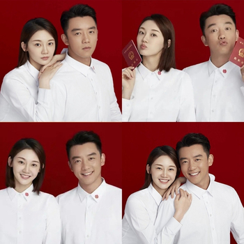 Košeľa pre pár pre svadobné fotenie — bavlna-polyester zmes, jednofarebný vzor, dlhý rukáv, stojatý golier, školský štýl