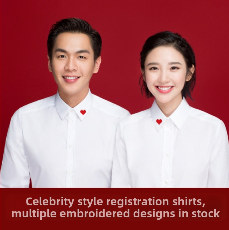 Košeľa pre pár pre svadobné fotenie — bavlna-polyester zmes, jednofarebný vzor, dlhý rukáv, stojatý golier, školský štýl