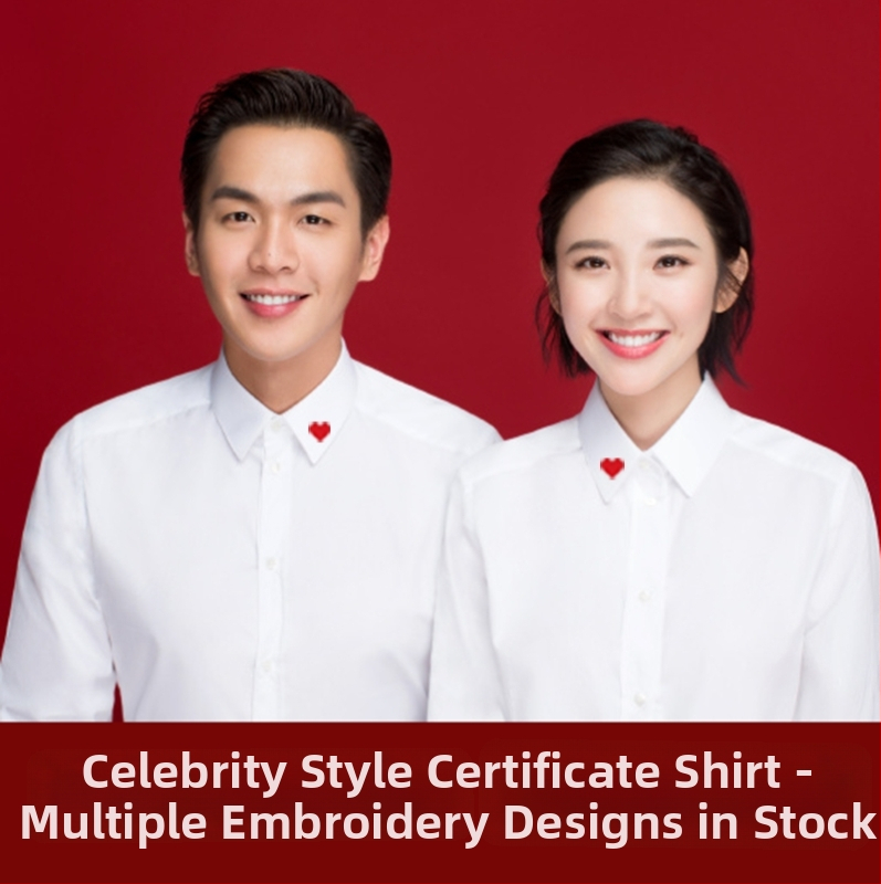 Košeľa pre pár pre svadobné fotenie — bavlna-polyester zmes, jednofarebný vzor, dlhý rukáv, stojatý golier, školský štýl