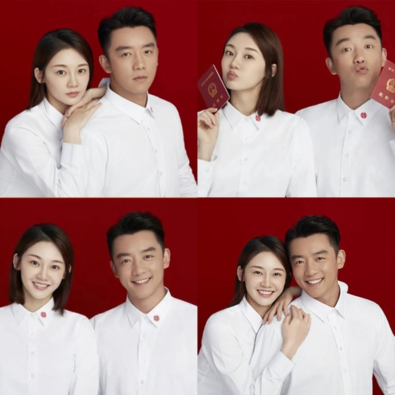 Košeľa pre pár pre svadobné fotenie — bavlna-polyester zmes, jednofarebný vzor, dlhý rukáv, stojatý golier, školský štýl