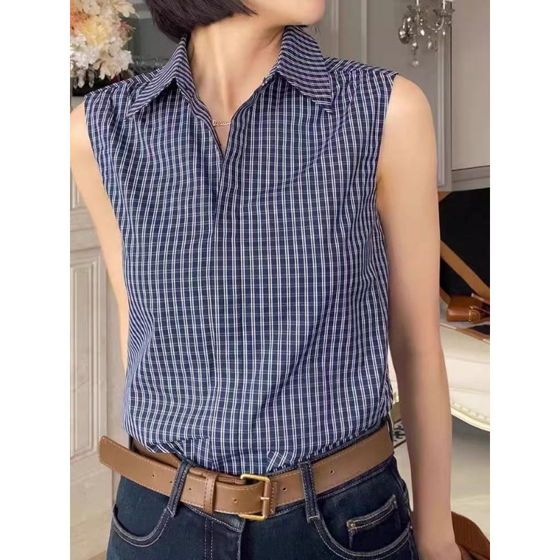 Denim bez rukava košulja-vest s polo ovratnikom, mrežasti uzorak, ležerni kardigan stil