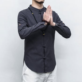 Košeľa z ľanovo-konopej zmesi, so stojacim golierom, dlhé rukávy, voľný strih, jednofarebná