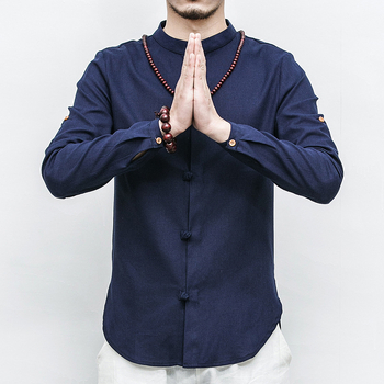 Košeľa z ľanovo-konopej zmesi, so stojacim golierom, dlhé rukávy, voľný strih, jednofarebná