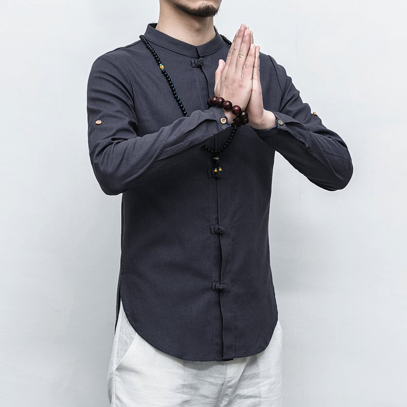 Košeľa z ľanovo-konopej zmesi, so stojacim golierom, dlhé rukávy, voľný strih, jednofarebná