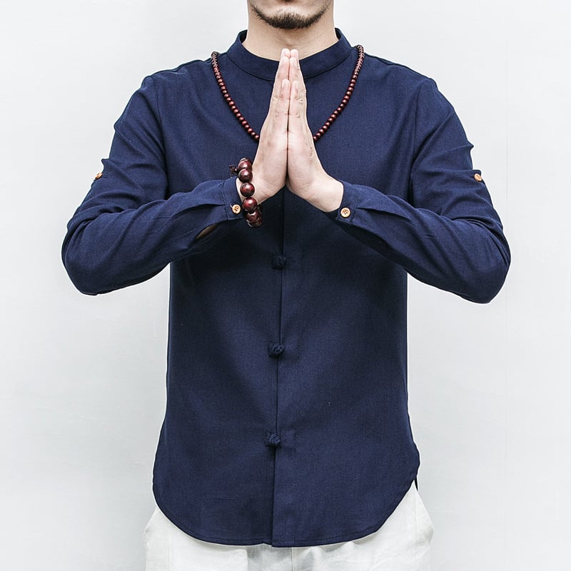 Košeľa z ľanovo-konopej zmesi, so stojacim golierom, dlhé rukávy, voľný strih, jednofarebná