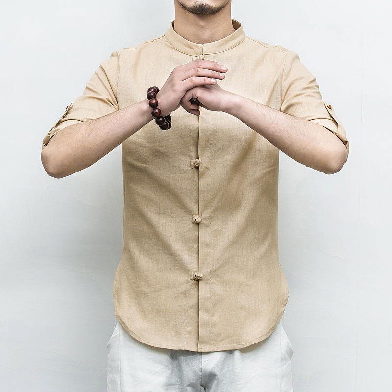 Košeľa z ľanovo-konopej zmesi, so stojacim golierom, dlhé rukávy, voľný strih, jednofarebná