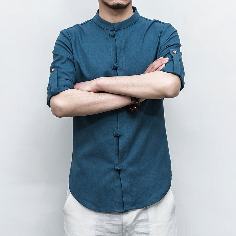 Košeľa z ľanovo-konopej zmesi, so stojacim golierom, dlhé rukávy, voľný strih, jednofarebná