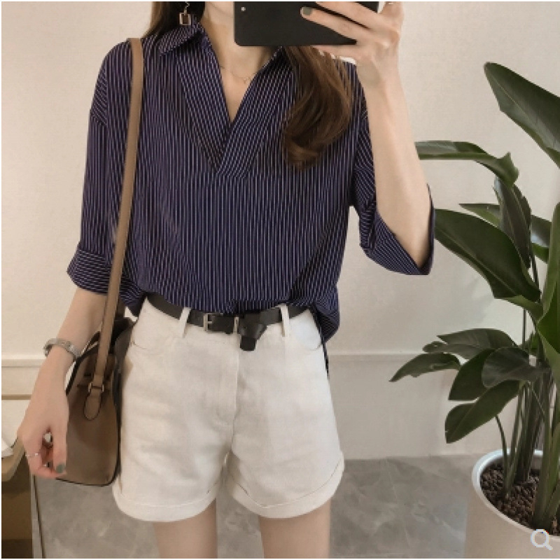 Prúžkovaná košeľa, voľný strih, 3/4 rukávy, košeľový golier