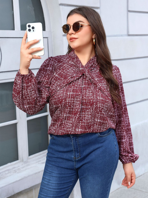 Женска полиестерна блуза с V-образно деколте и дълги ръкави, средна дължина, елегантен стил