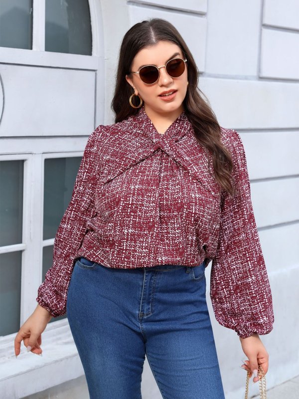 Женска полиестерна блуза с V-образно деколте и дълги ръкави, средна дължина, елегантен стил