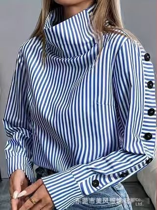Dámska casual košeľa so stojacim golierom a raglánovými rukávmi, polyesterová látka, pruhovaný/karovaný vzor, jar 2025, japonsko-kórejský ležérny štýl