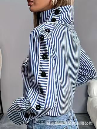Dámska casual košeľa so stojacim golierom a raglánovými rukávmi, polyesterová látka, pruhovaný/karovaný vzor, jar 2025, japonsko-kórejský ležérny štýl