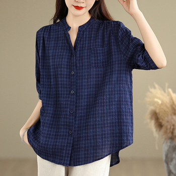 Ženska bluza s V-izrezom, karirani uzorak, pamuk-poliester materijal, opuštena silueta, glavni sastav tkanine 50–70%